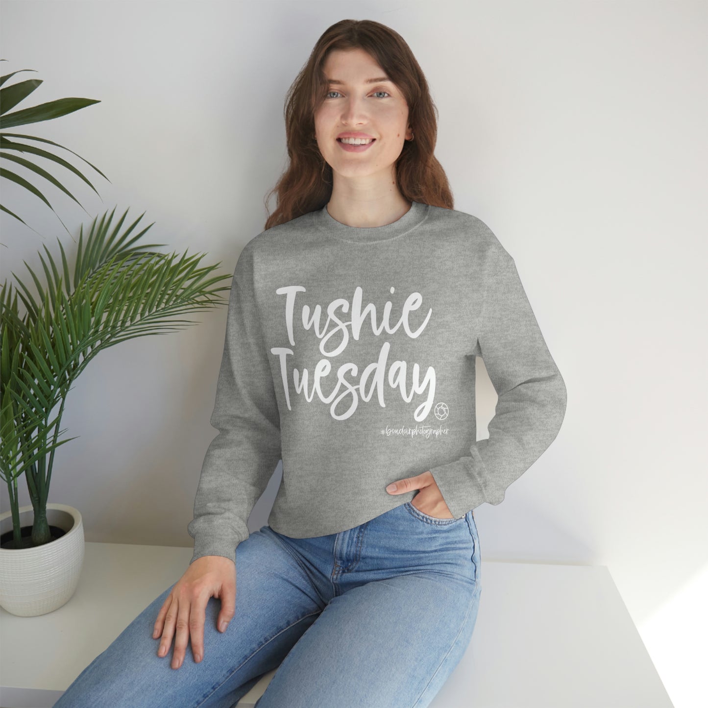 Tushie Tuesday Boudoir (Wht) - Heavy Blend™ Crewneck Sweatshirt