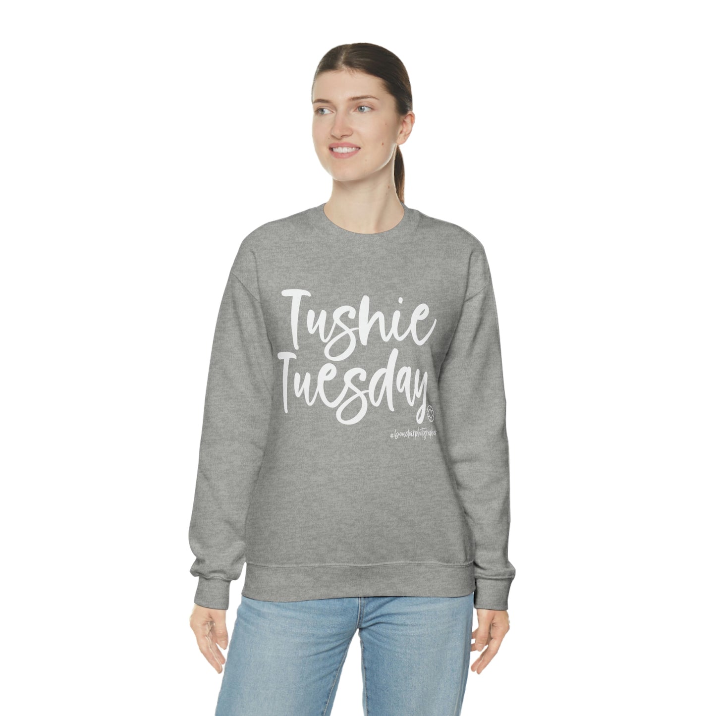 Tushie Tuesday Boudoir (Wht) - Heavy Blend™ Crewneck Sweatshirt