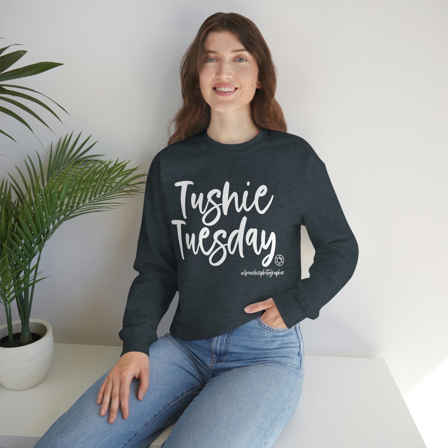 Tushie Tuesday Boudoir (Wht) - Heavy Blend™ Crewneck Sweatshirt