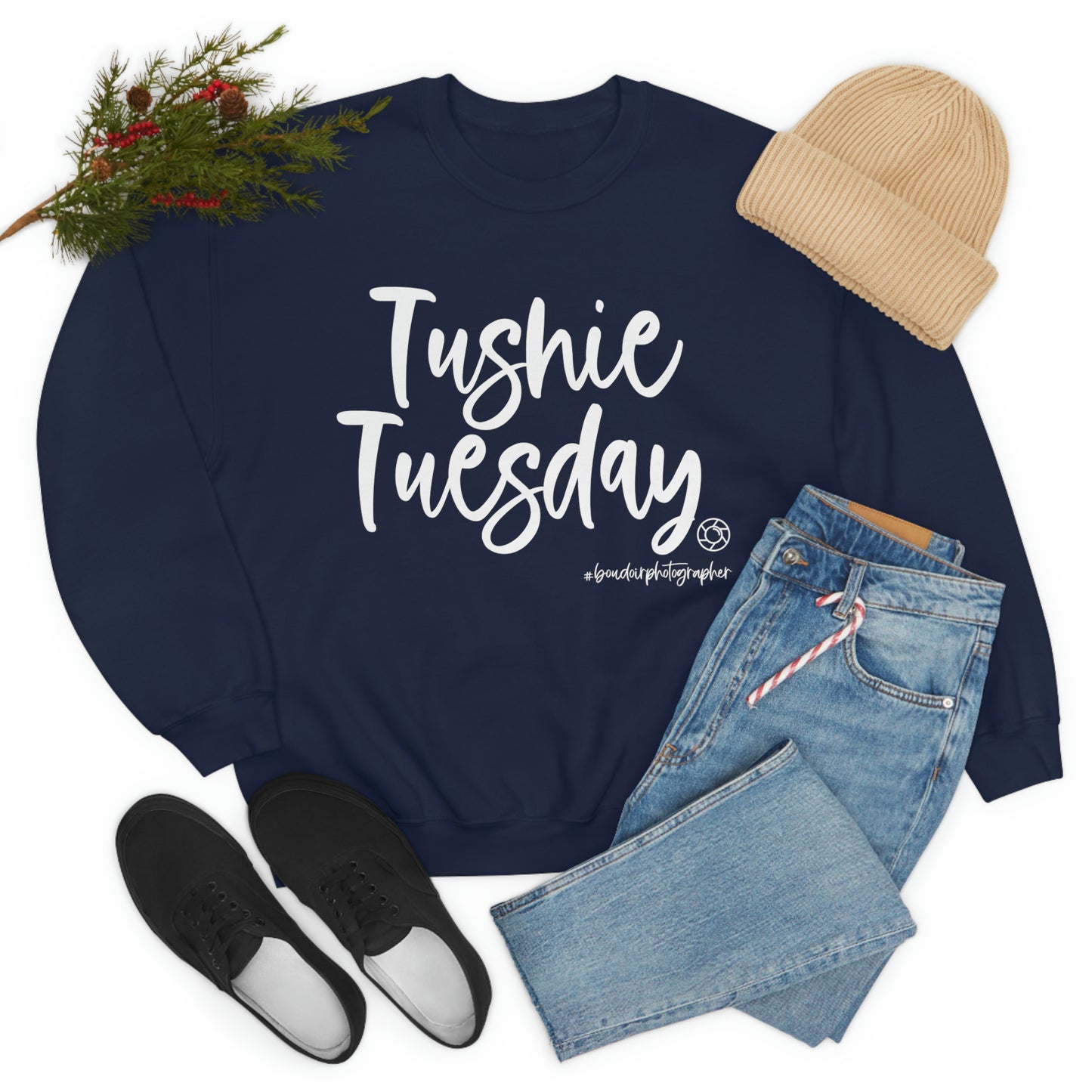 Tushie Tuesday Boudoir (Wht) - Heavy Blend™ Crewneck Sweatshirt