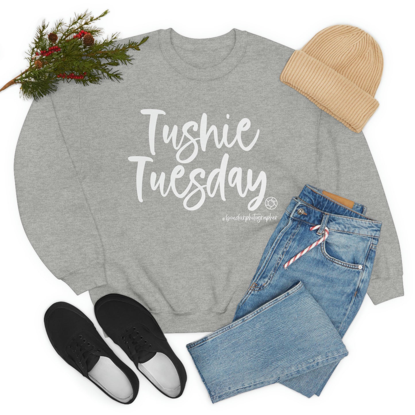 Tushie Tuesday Boudoir (Wht) - Heavy Blend™ Crewneck Sweatshirt